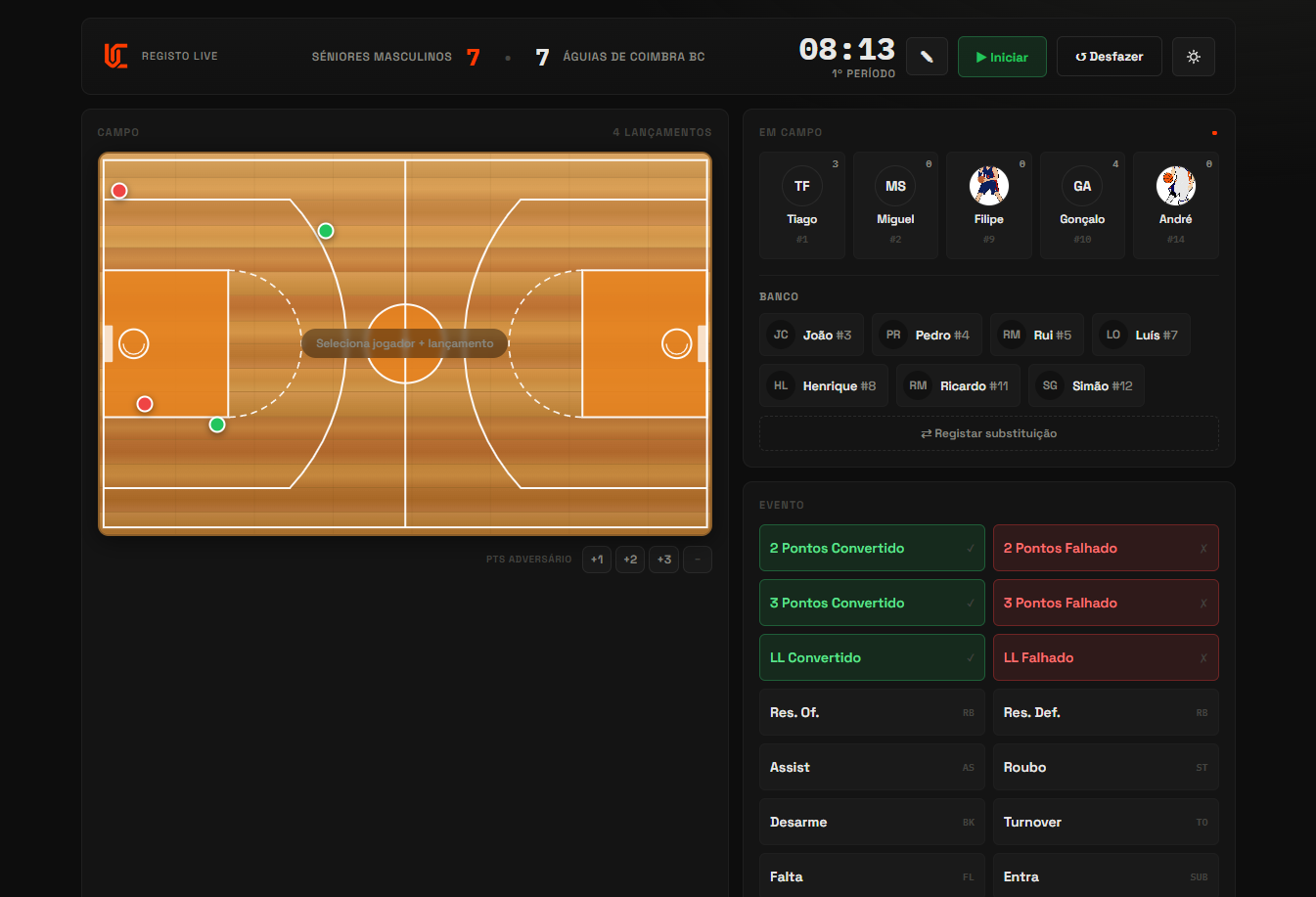 Interface de registo live-score do UpCourt